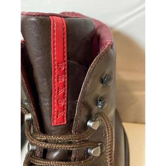 Prada Men's Combat Hiking Boots Lace Up Leather Shoes Brown Size 8.5 - Picture 6 of 10
